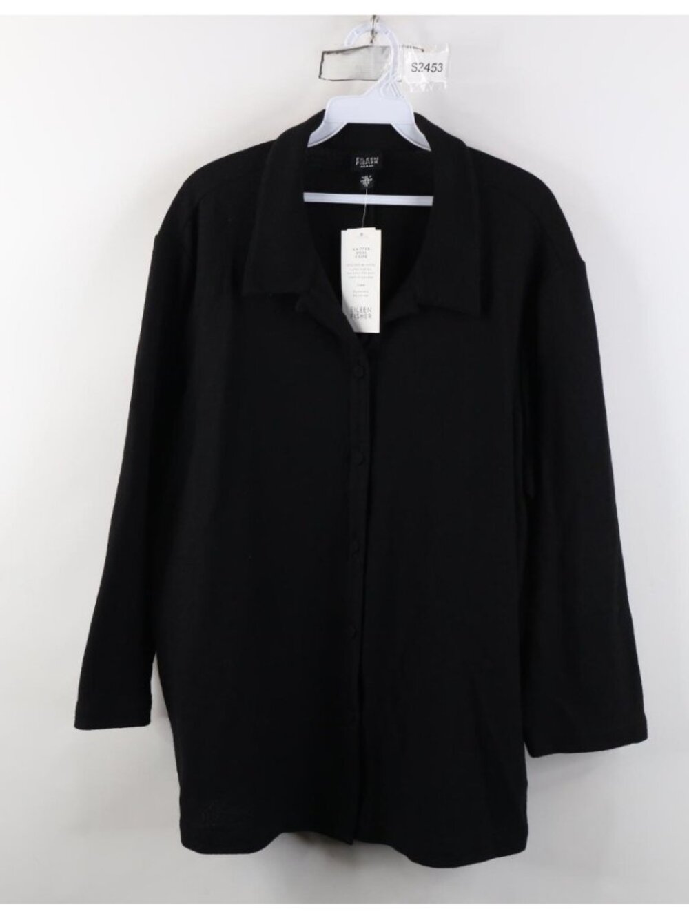 New Eileen Fisher Womens 1X Wool Knit Classic Collar Button Shirt Black USA